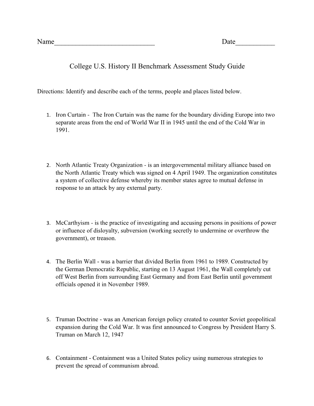 College U.S. History II Benchmark Assessment Study Guide