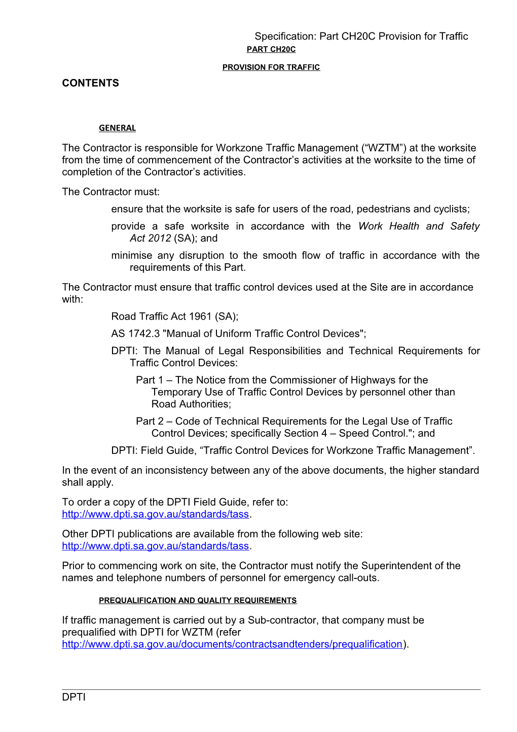 Specification: Part CH20C Provision for Traffic