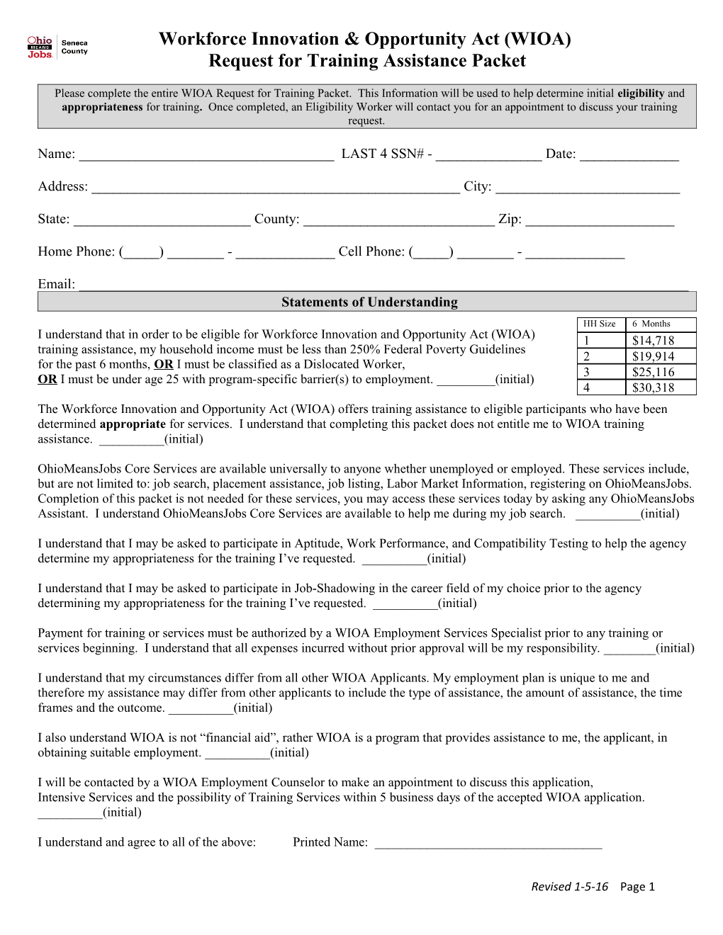 Request for Training Assistance Packet