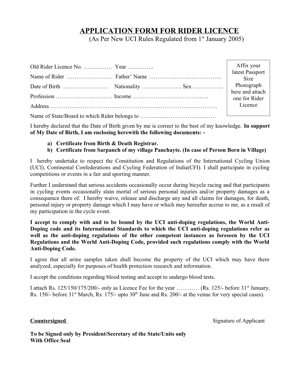 Application Form for Rider Licence