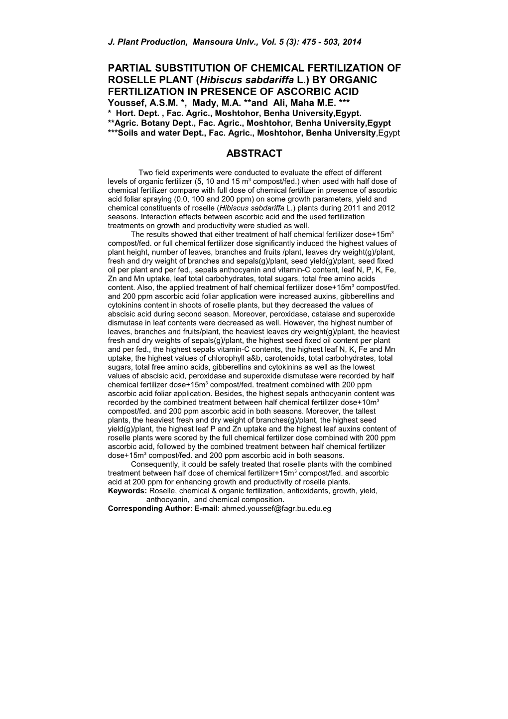 Partial Substitution of Chemical Fertilization of Roselle Plant (Hibiscus Sabdariffa L
