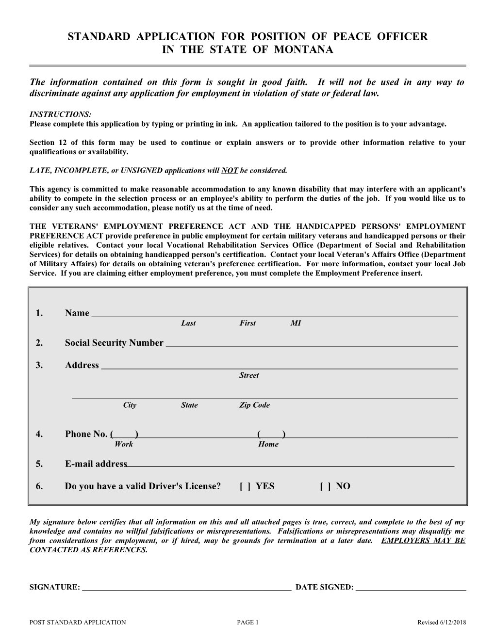 Standard Application for Position of Peace Officer