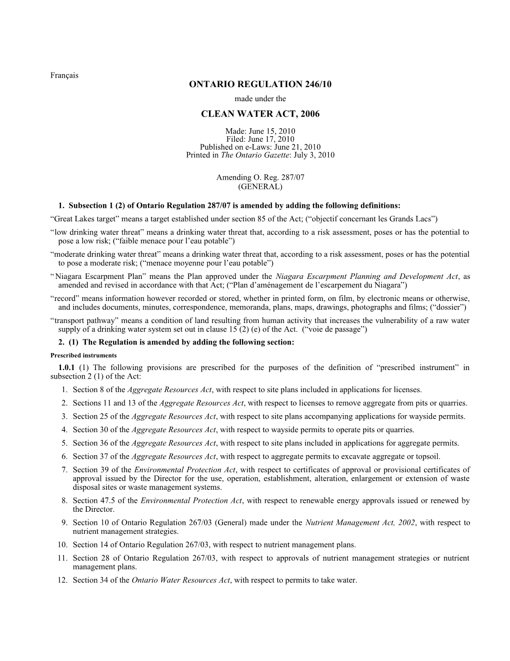 CLEAN WATER ACT, 2006 - O. Reg. 246/10