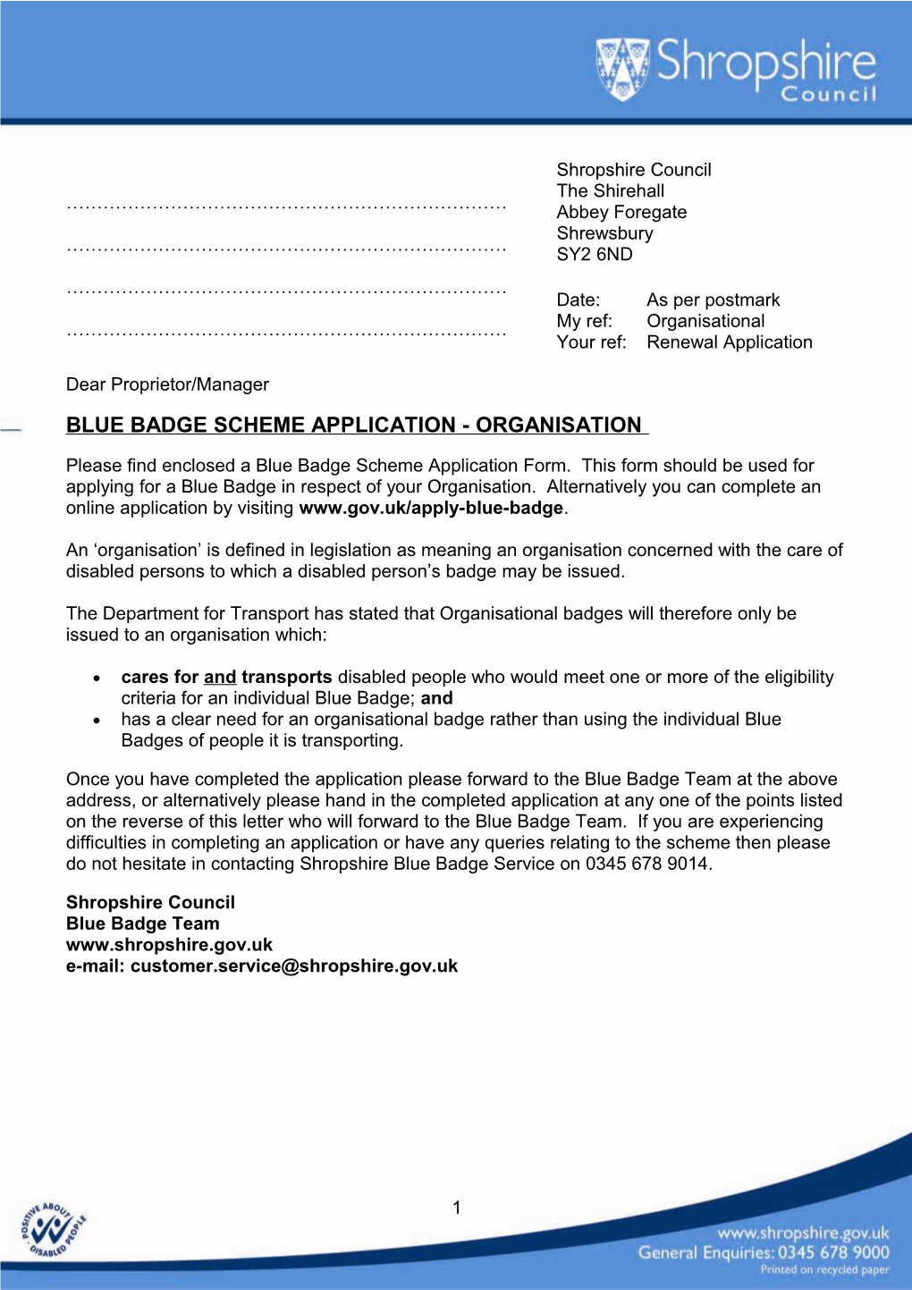 Blue Badge Scheme Application - Organisation