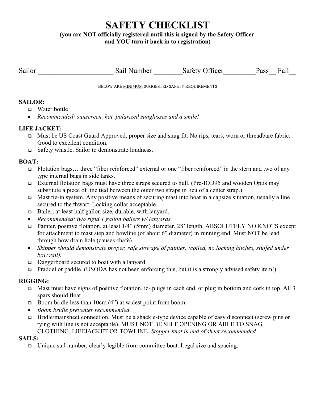 International Optimist Dinghy Safety Checklist