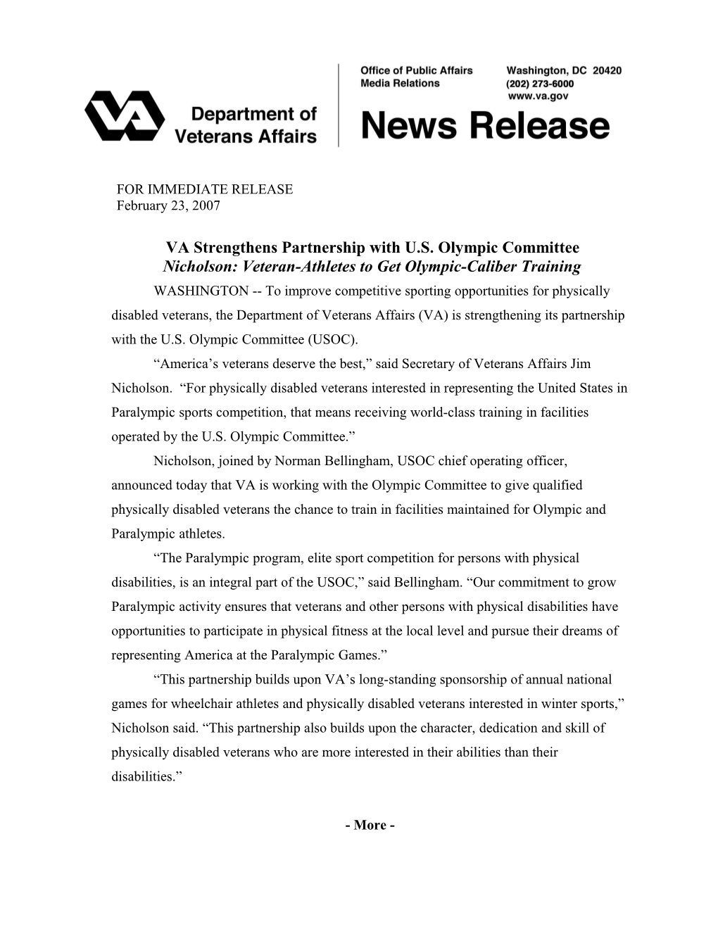 VA Strengthens Partnership with U.S. Olympic Committee