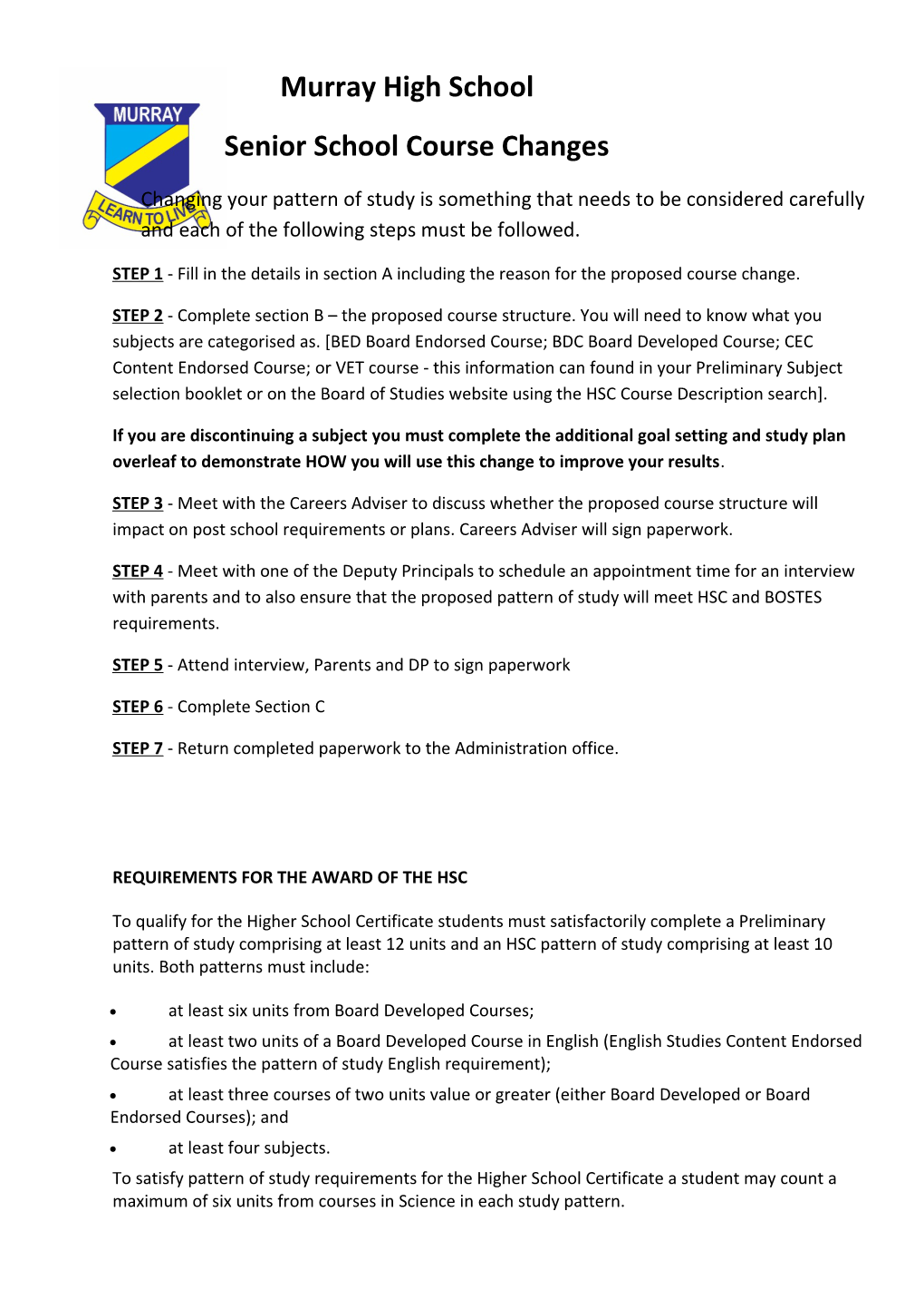 Senior School Course Changes