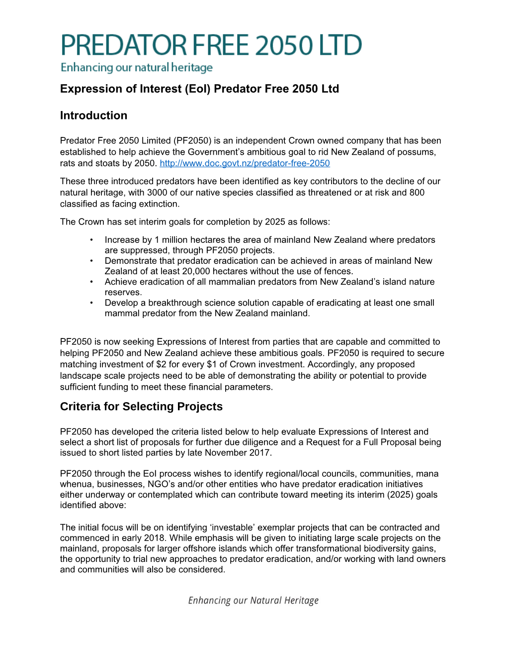 Expression of Interest (Eoi)Predator Free 2050 Ltd