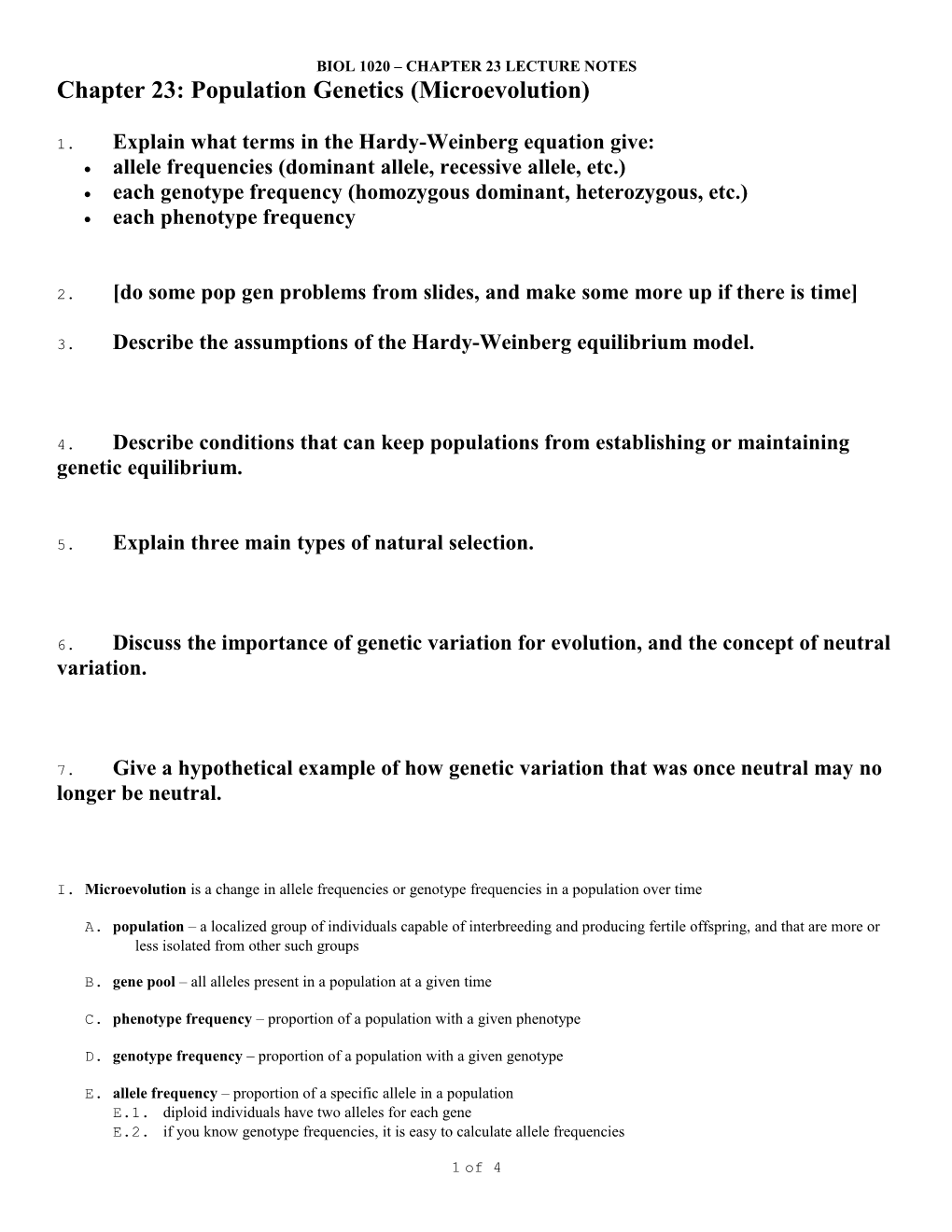 Biol 1020 Chapter 23 Lecture Notes