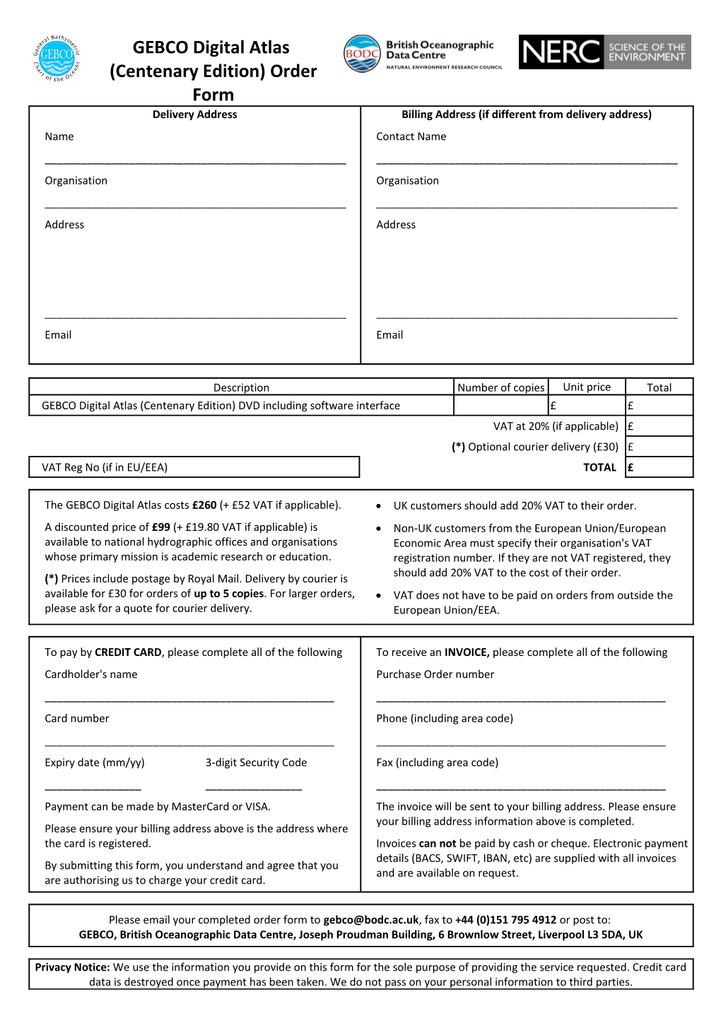 GEBCO DIGITAL ATLAS - Order Form