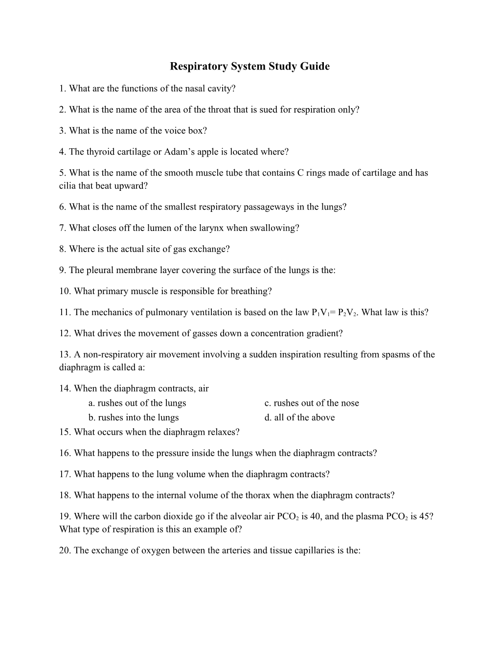 Respiratory System Study Guide