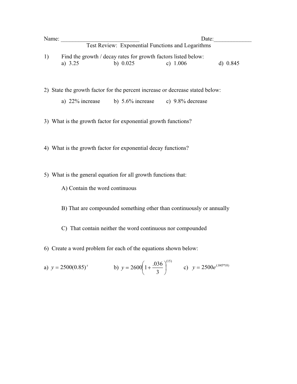 Test Review: Exponential Functions and Logarithms