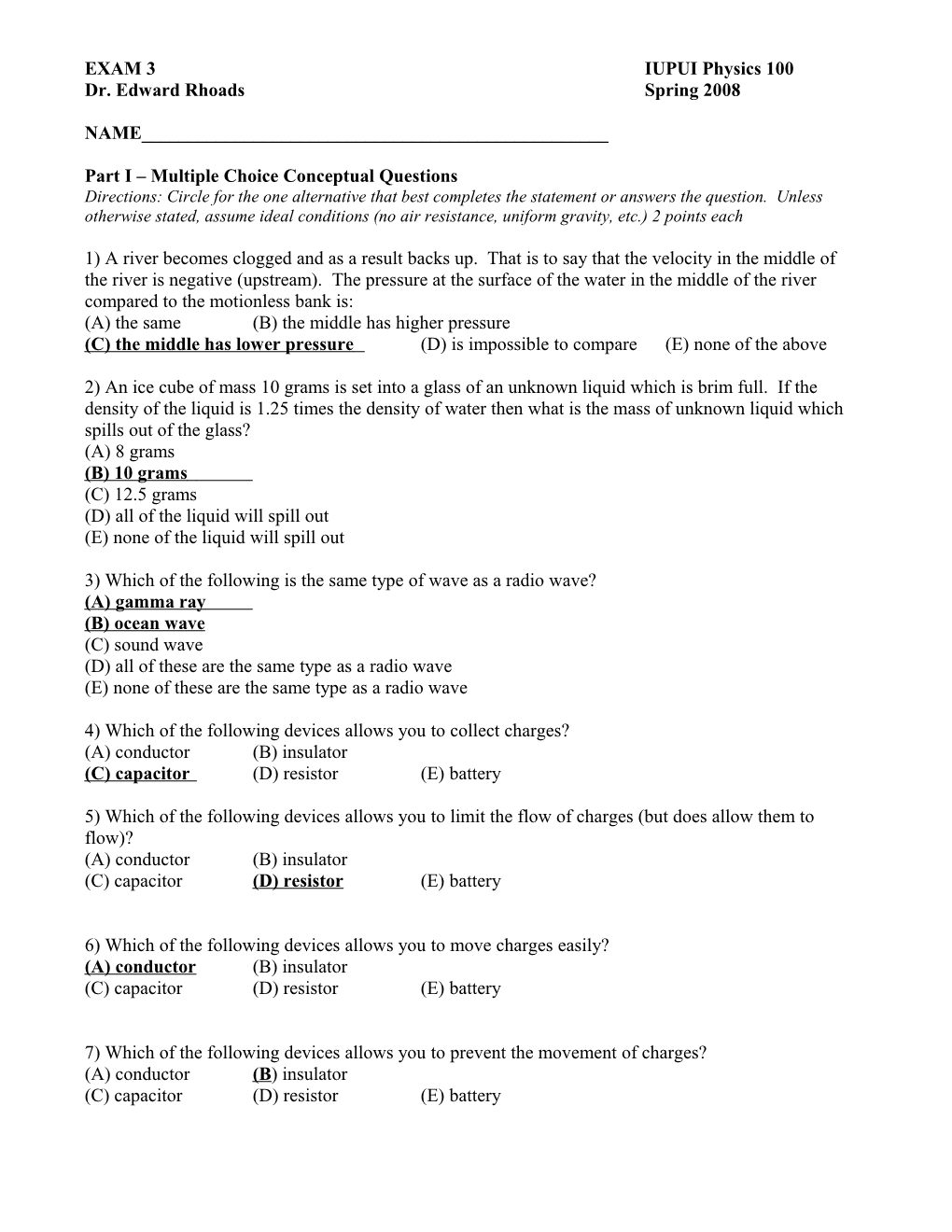 Part I Multiple Choice Conceptual Questions