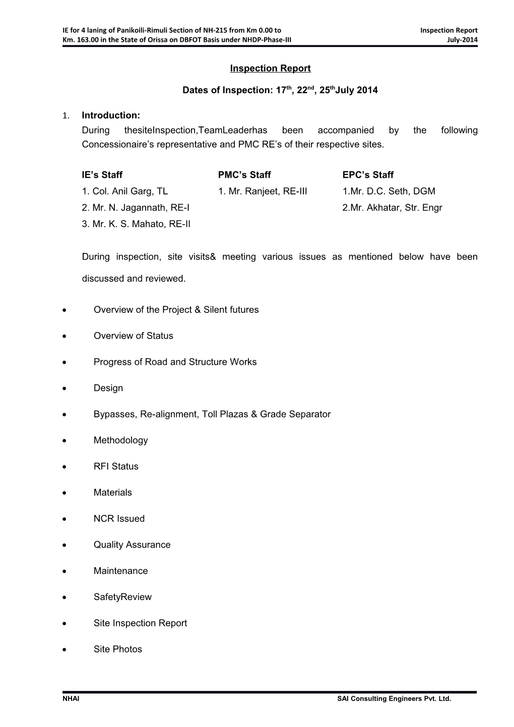 IE for 4 Laning of Panikoili-Rimuli Section of NH-215 from Km 0.00 to Inspection Report