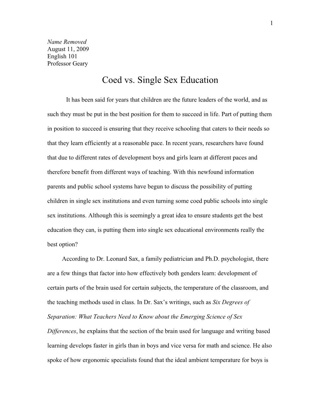 Coed Vs. Single Sex Education