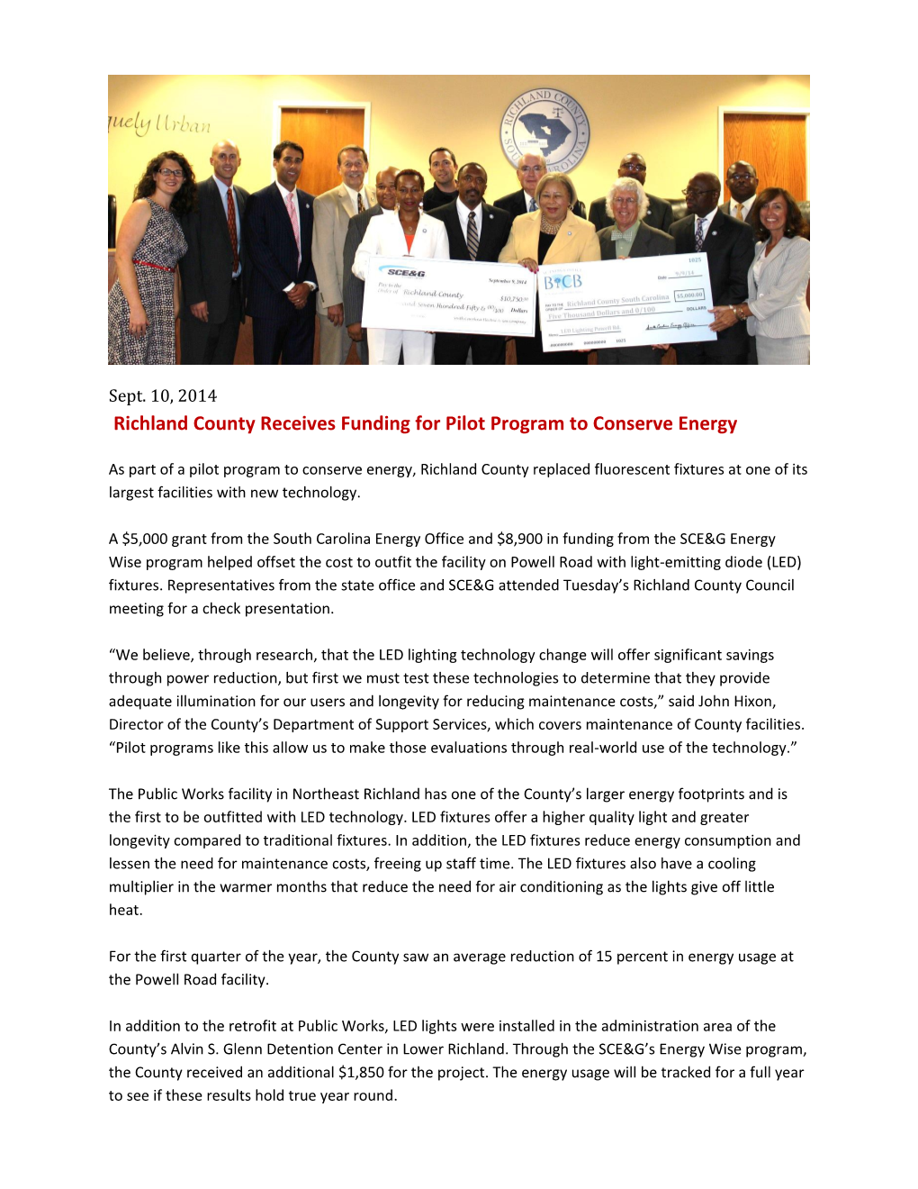 Richland County Receives Funding for Pilot Program to Conserve Energy