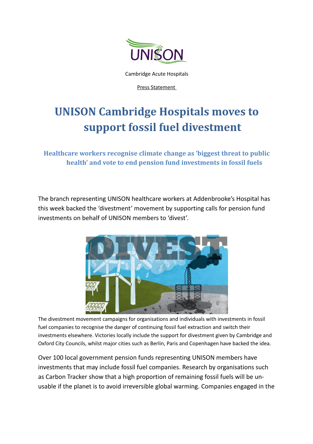 UNISON Cambridge Hospitals Moves to Support Fossil Fuel Divestment