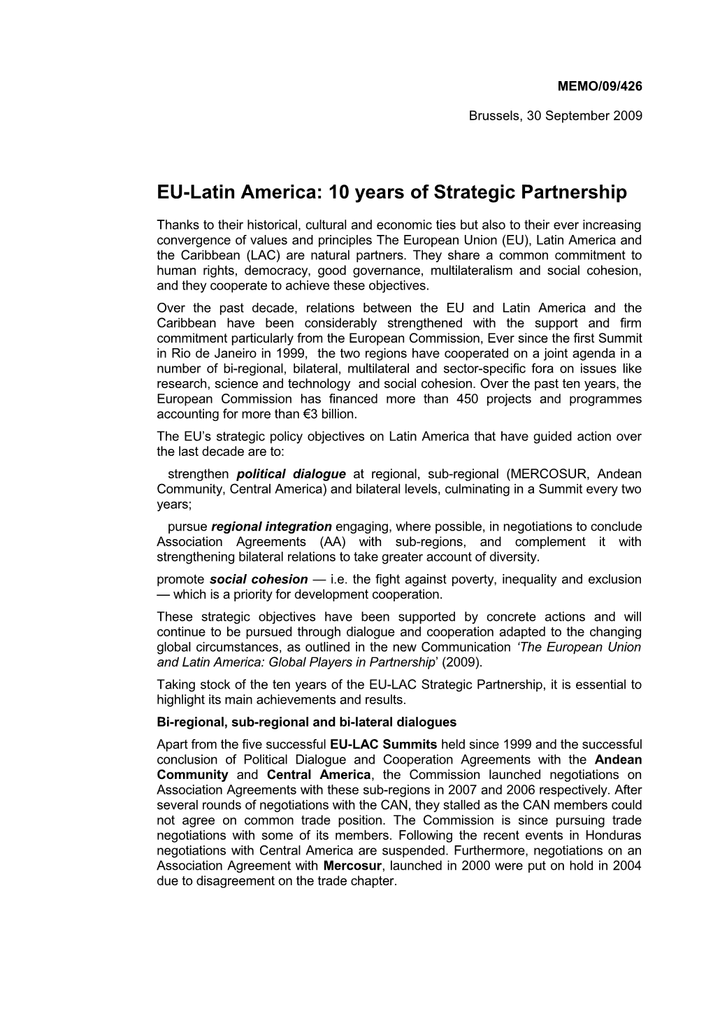 EU-Latin America 10 Years of Strategic Partnership an Overview