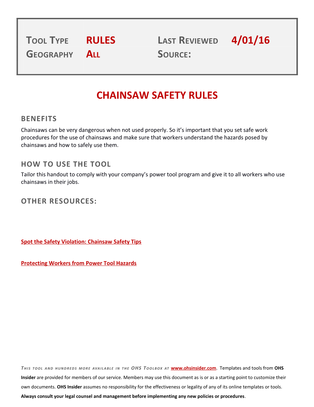 Chainsaw Safety Rules