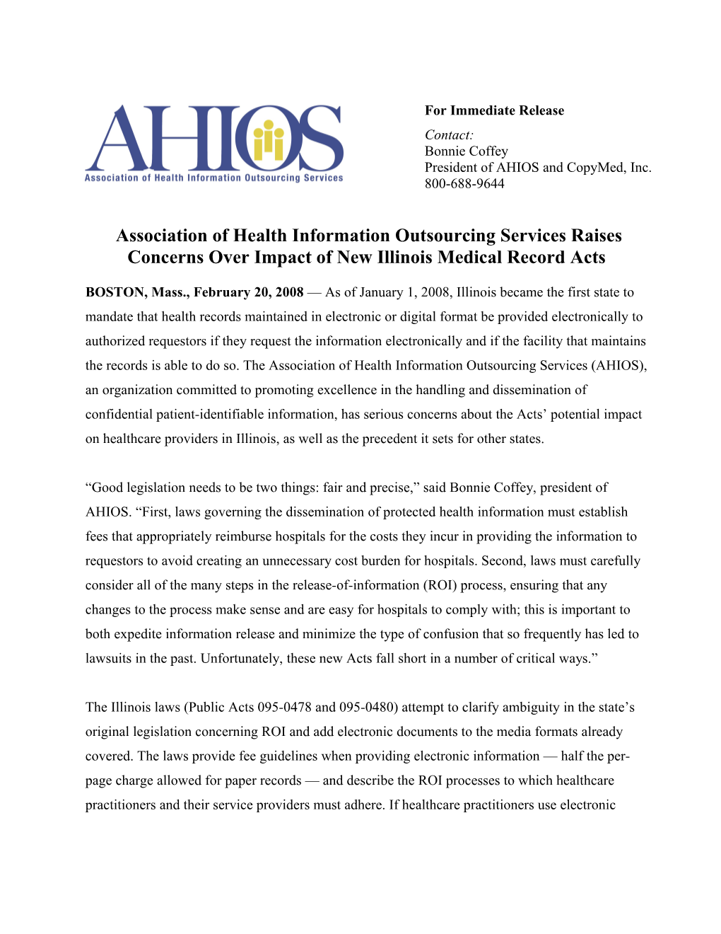 AHIOS Raises Concerns Overimpact of New Illinois Medical Record Acts Page 1
