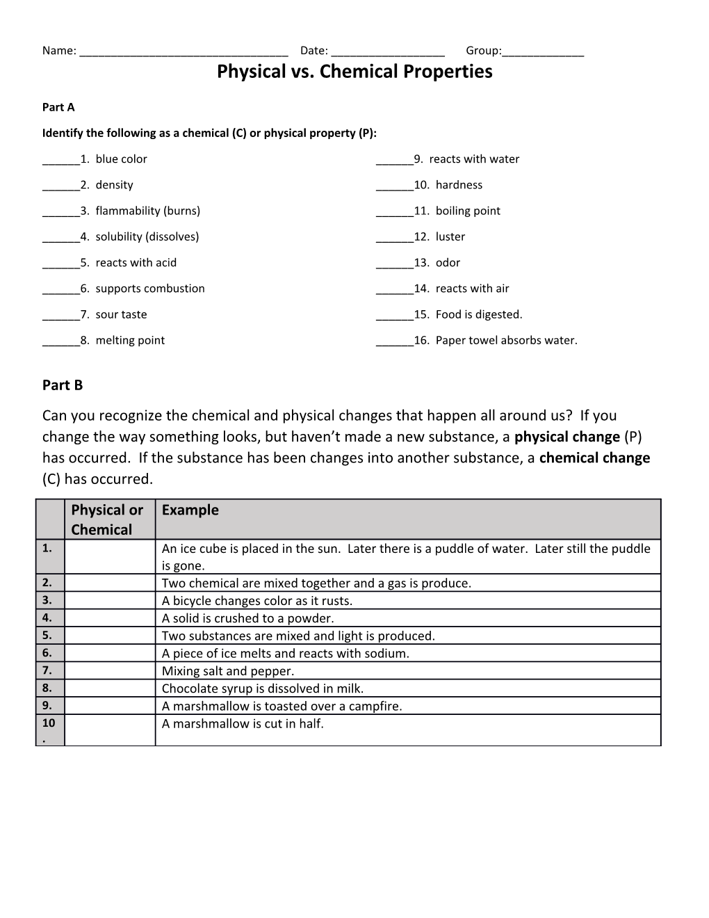 Identify the Following As a Chemical (C) Or Physical Property (P)