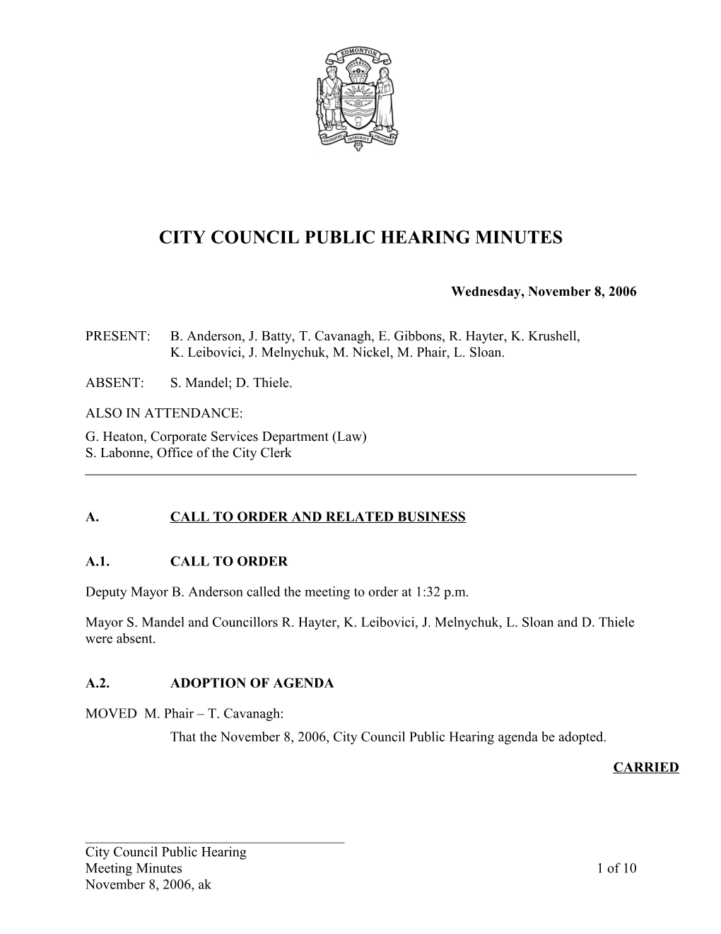 Minutes for City Council November 8, 2006 Meeting