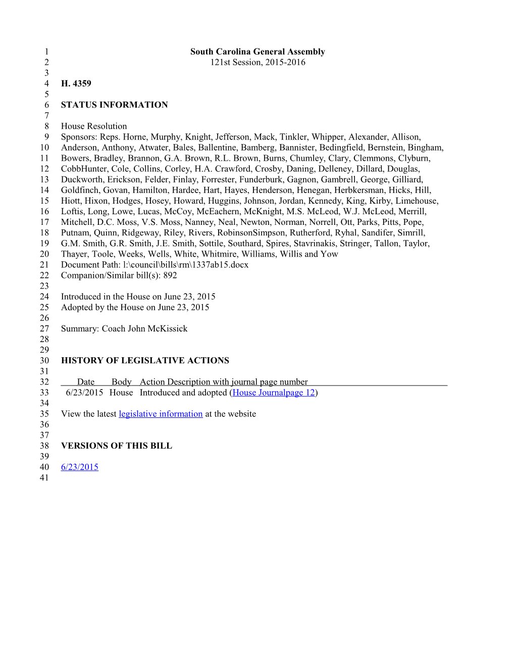 2015-2016 Bill 4359: Coach John Mckissick - South Carolina Legislature Online