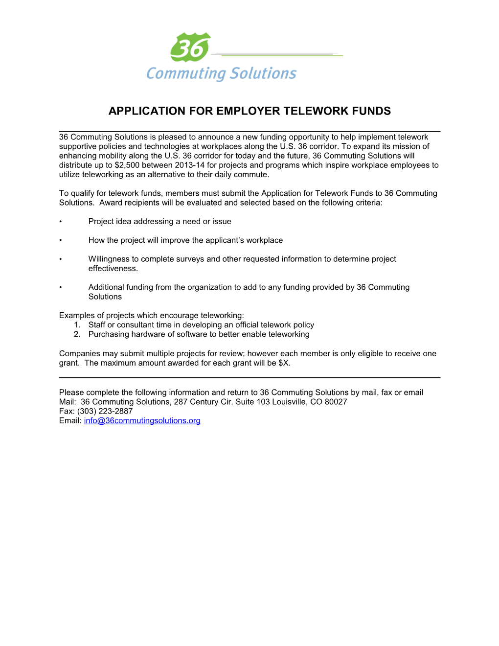APPLICATION for Employer TELEWORK Funds
