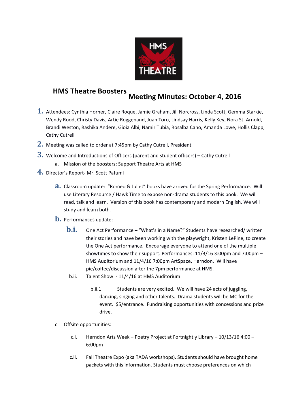 HMS Theatre Boosters Meeting Minutes: October 4, 2016