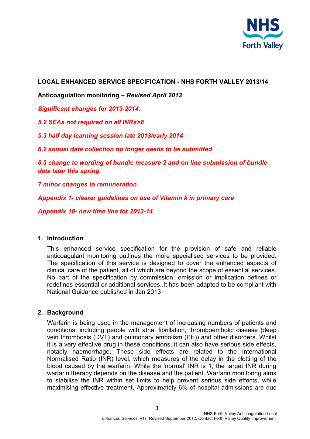 Local Enhanced Service Specification - Nhs Forth Valley 2012/13