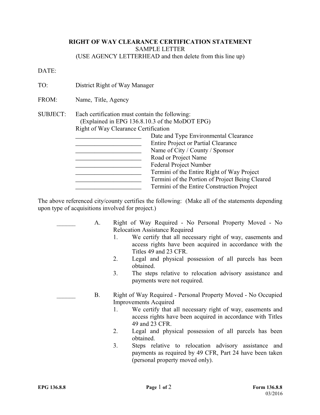 Right of Way Clearance Certification Statement