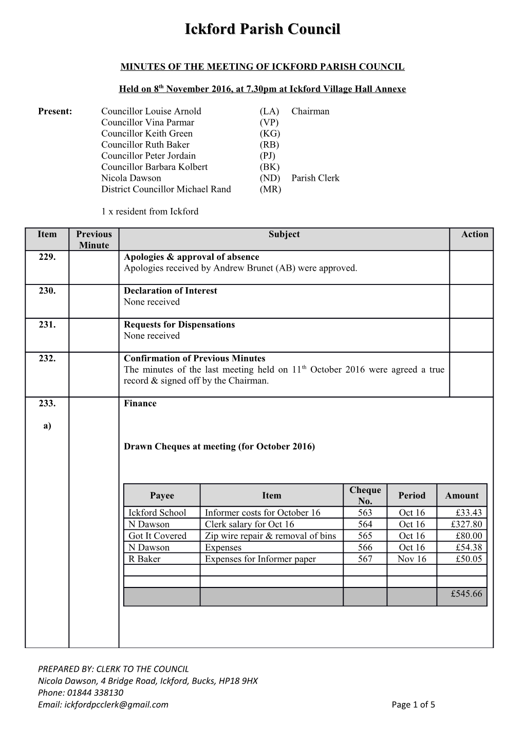 Minutes of the Meeting of Ickford Parish Council