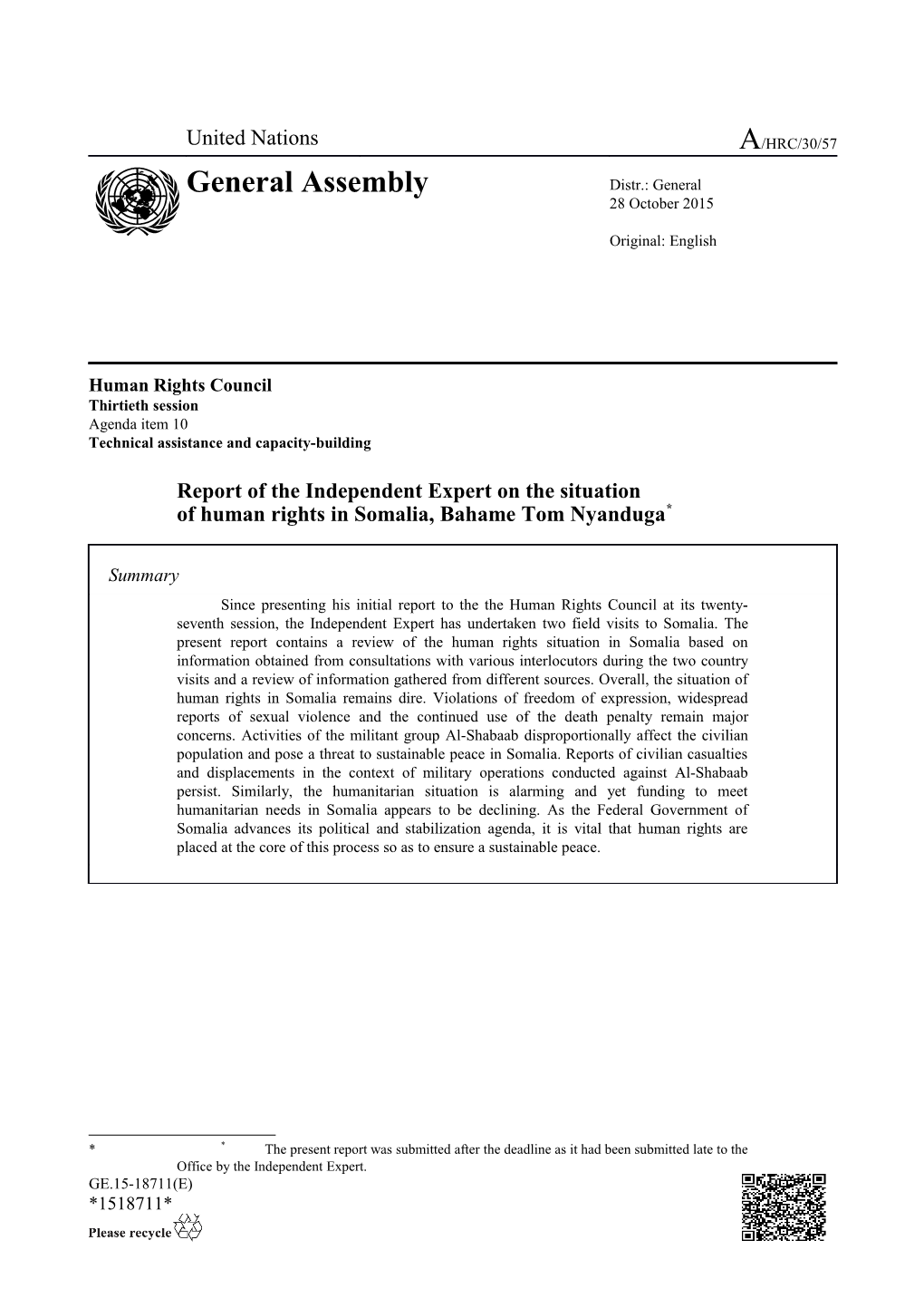 Report of the Independent Expert on the Situation of Human Rights in Somalia, Bahame Nyanduga