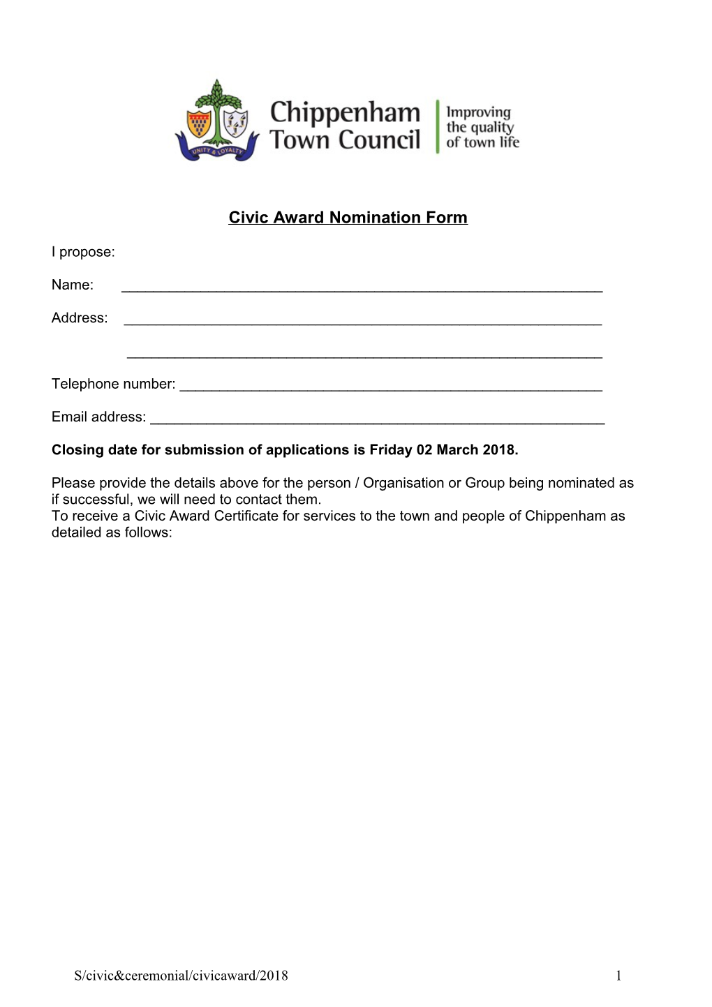 Civic Award Nomination Form