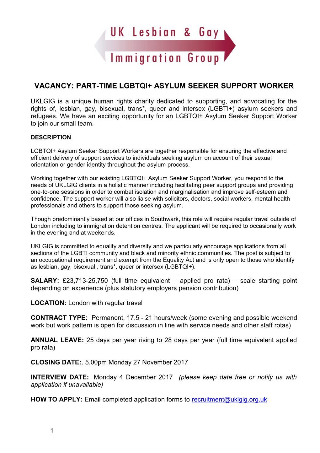 Vacancy: Part-Time Lgbtqi+Asylum Seeker Support Worker