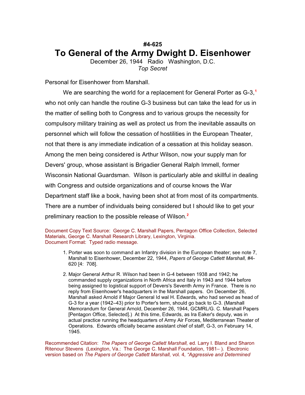 To General of the Army Dwight D. Eisenhower