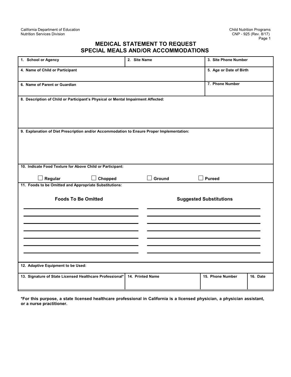 Medical Statement Form - USDA Civil Rights (CA Dept of Education)