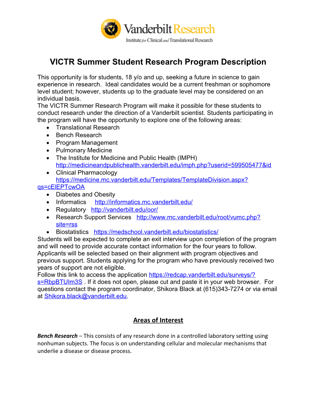 VICTR Summer Student Research Progr Am Description