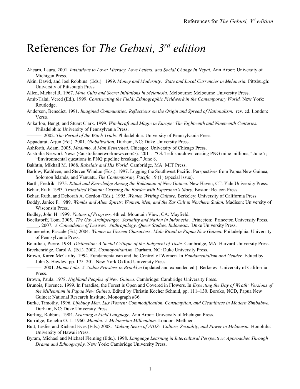 References for the Gebusi, 3Rd Edition