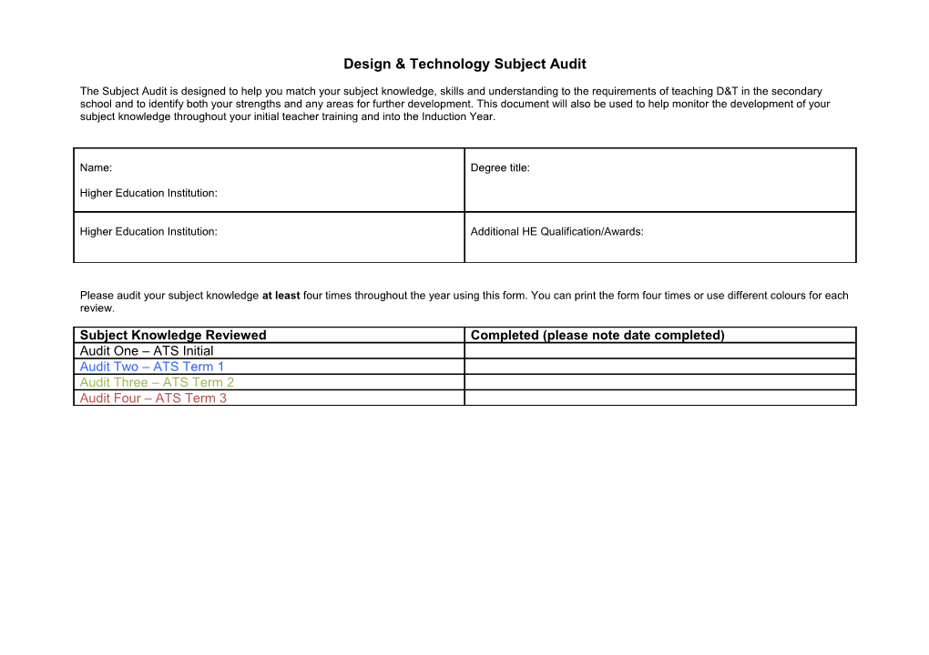 Design & Technology Subject Audit