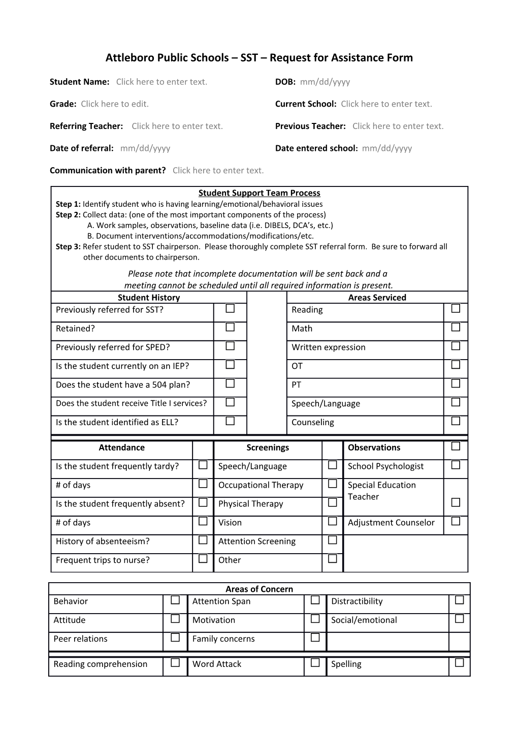 Attleboro Public Schools SST Request for Assistance Form