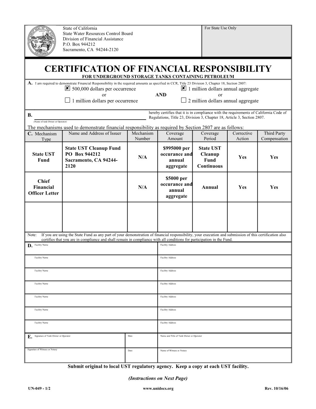 UST Certification of Financial Responsibility