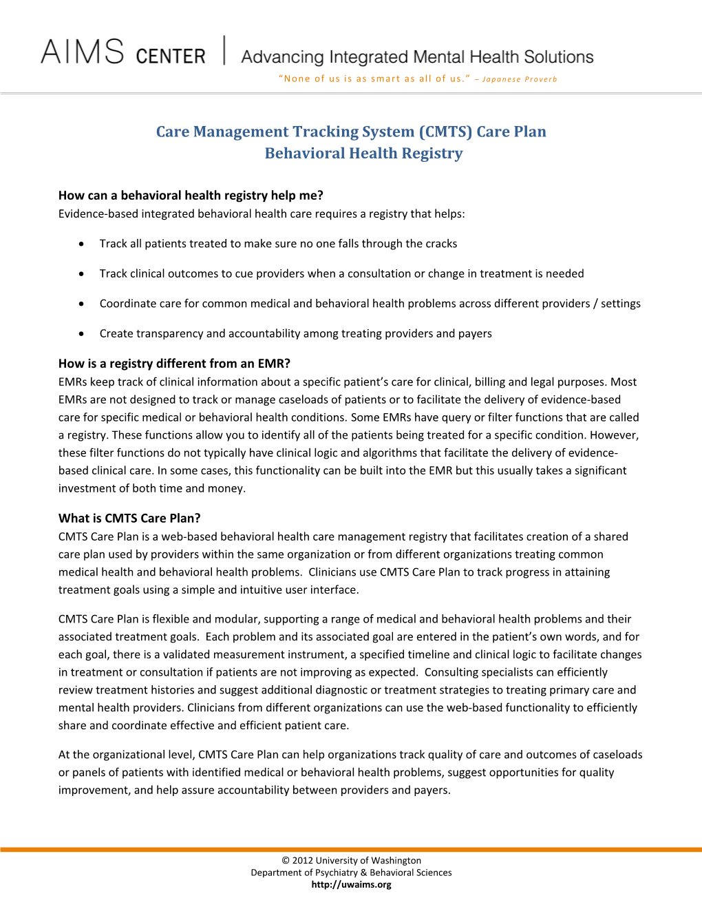 Care Management Tracking System (CMTS) Care Planbehavioral Health Registry