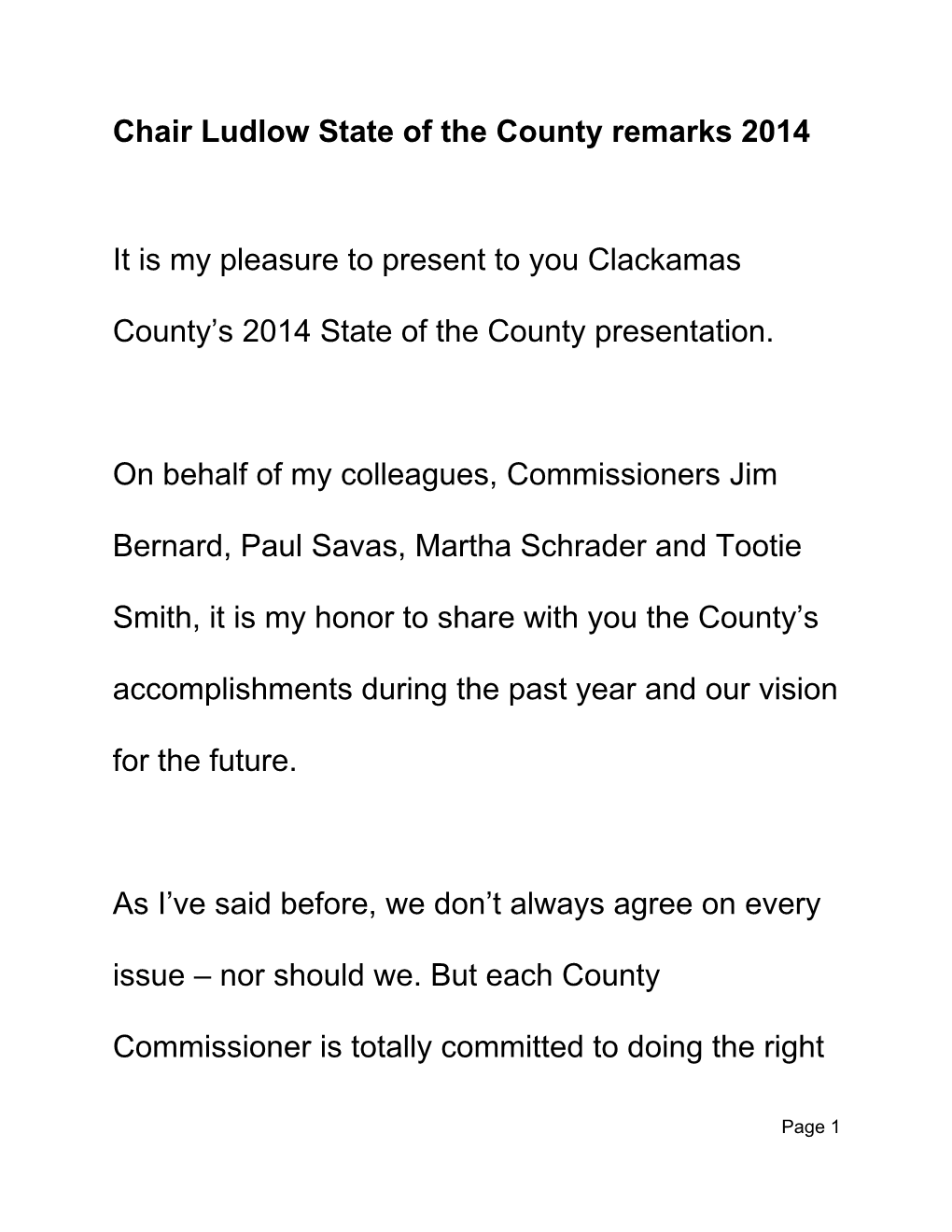 Chair Ludlow State of the County Remarks 2014