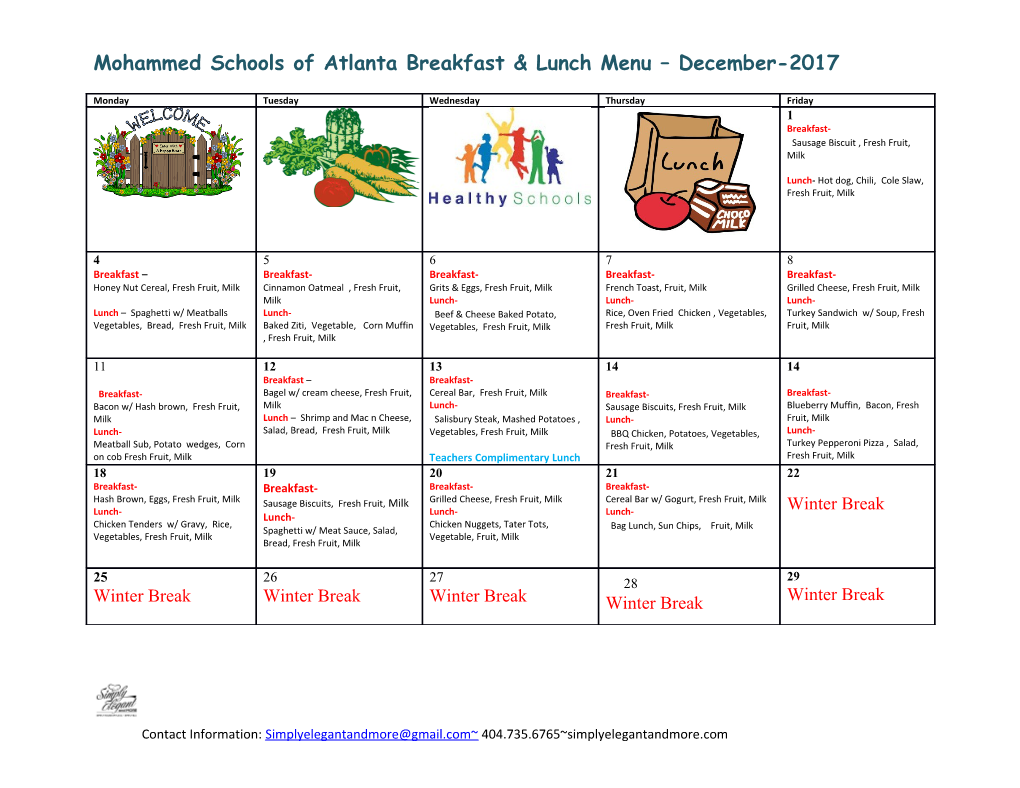 Mohammed Schools of Atlanta Breakfast & Lunch Menu December-2017