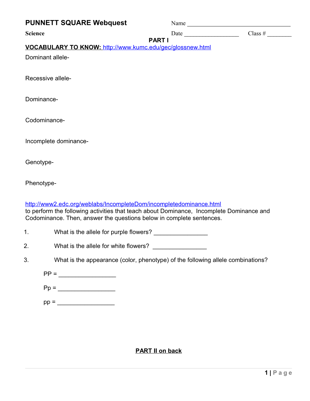 PUNNETT SQUARE Webquest