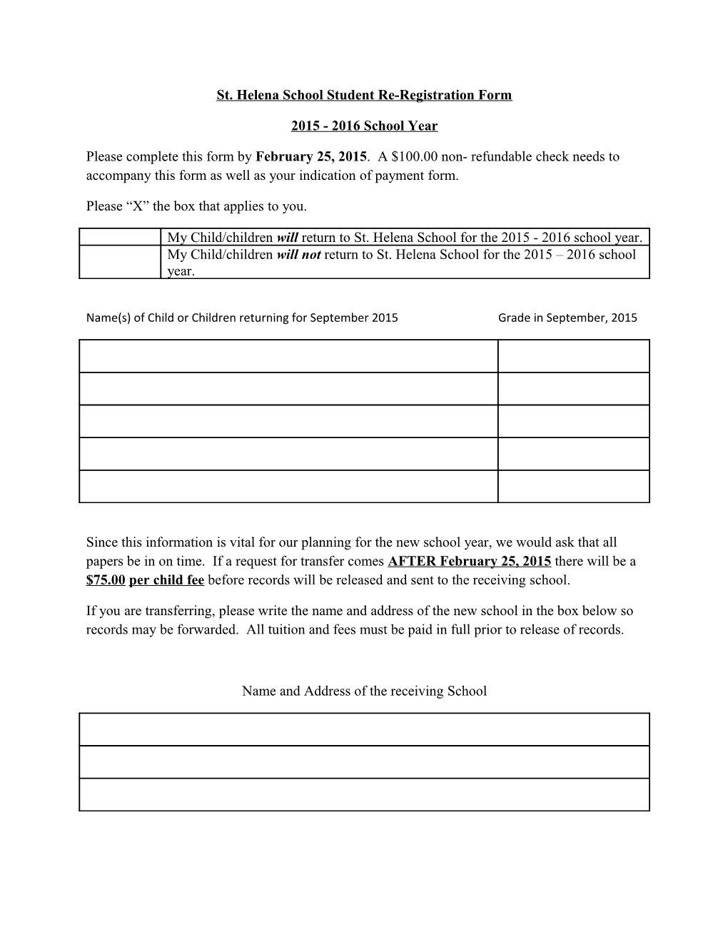 St. Helena School Student Re-Registration Form