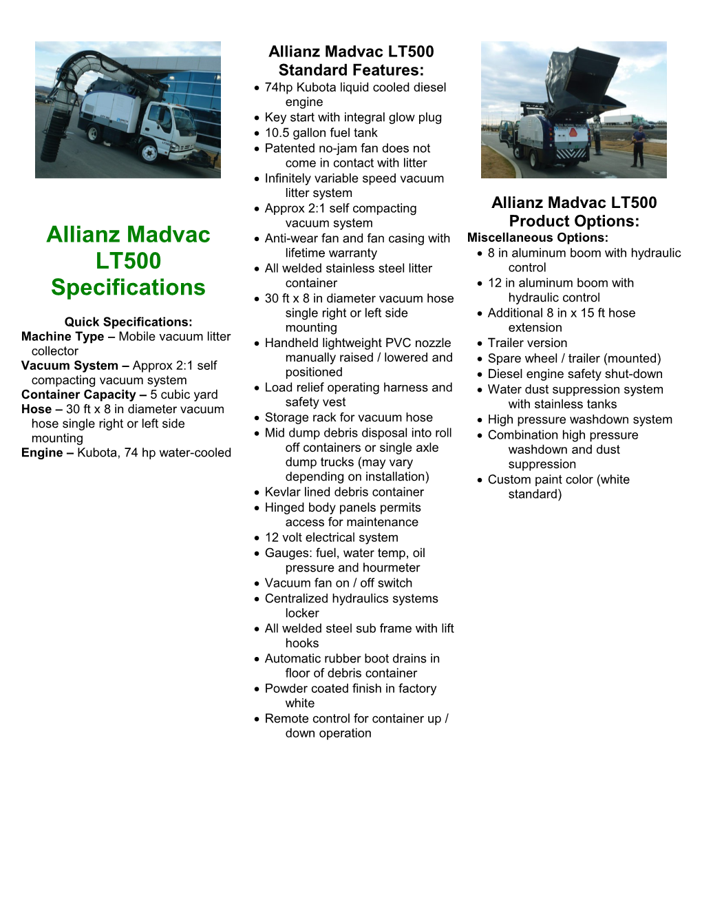 Allianz Madvac LT500 Specifications