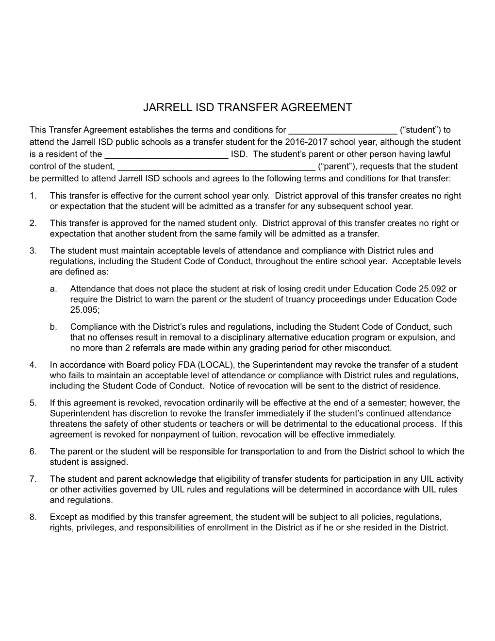 See the Following Pages for Forms Regarding Student Transfers