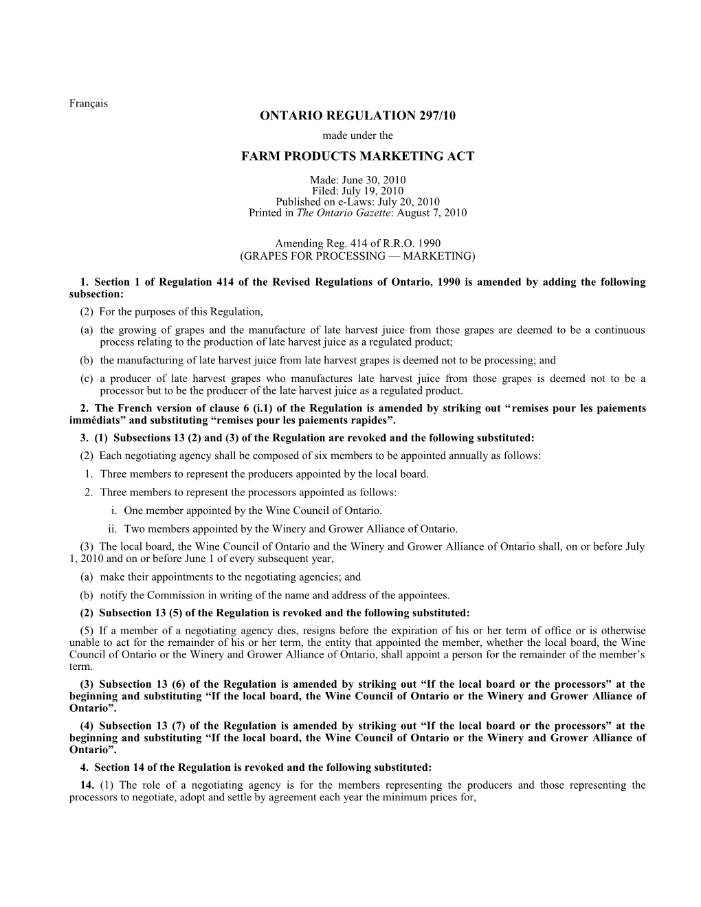 FARM PRODUCTS MARKETING ACT - O. Reg. 297/10